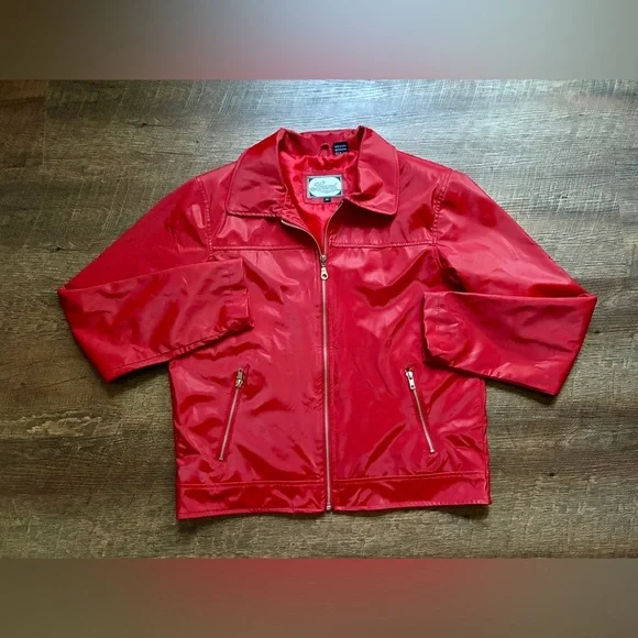 LEARSI red vintage PVC faux leather bomber jacket women’s sz M lightweight EUC - Picture 9 of 15